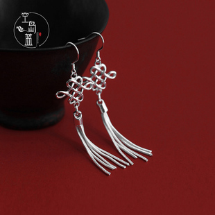 眉间心上 空岛蓝925银文艺复古中国结流苏耳环优雅新娘民族风耳夹