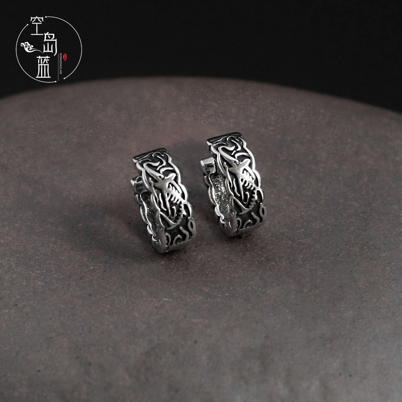 空岛蓝S925纯银时尚个性复古鱼骨图腾耳圈中性日常百搭耳环耳扣女