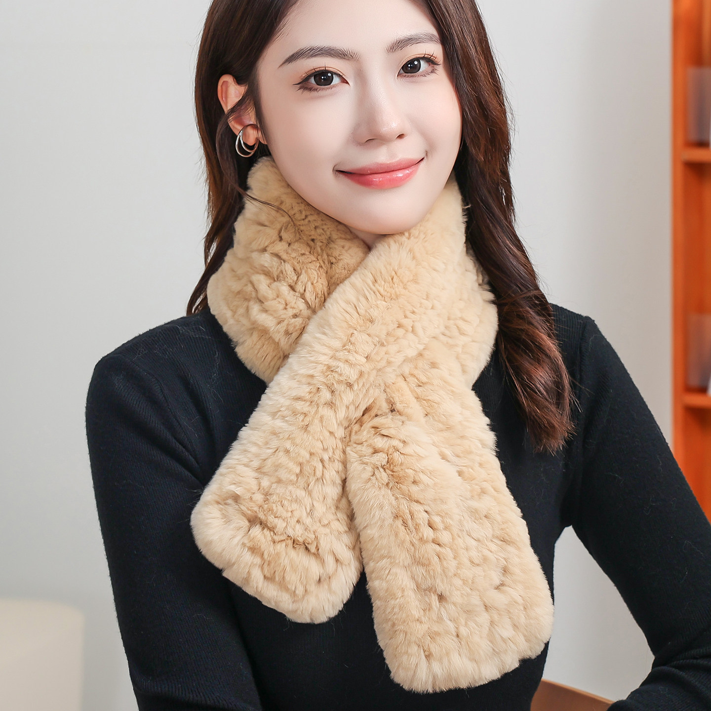 真毛全手工编织獭兔毛围巾简约百搭皮草保暖围脖双面加厚毛领子女