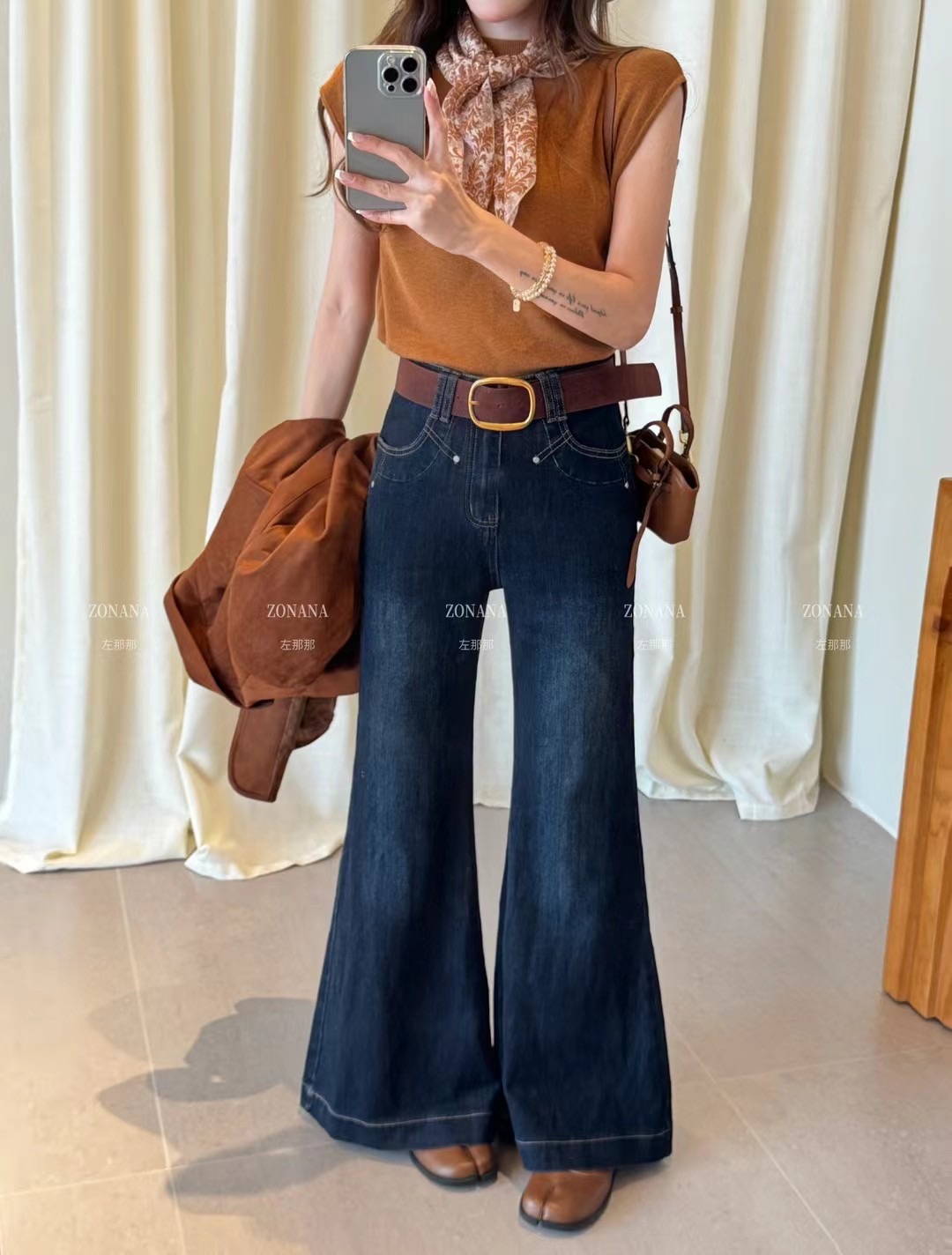 ZONANA左那那复古高腰加绒微喇牛仔裤女秋季25新款百搭喇叭拖地裤