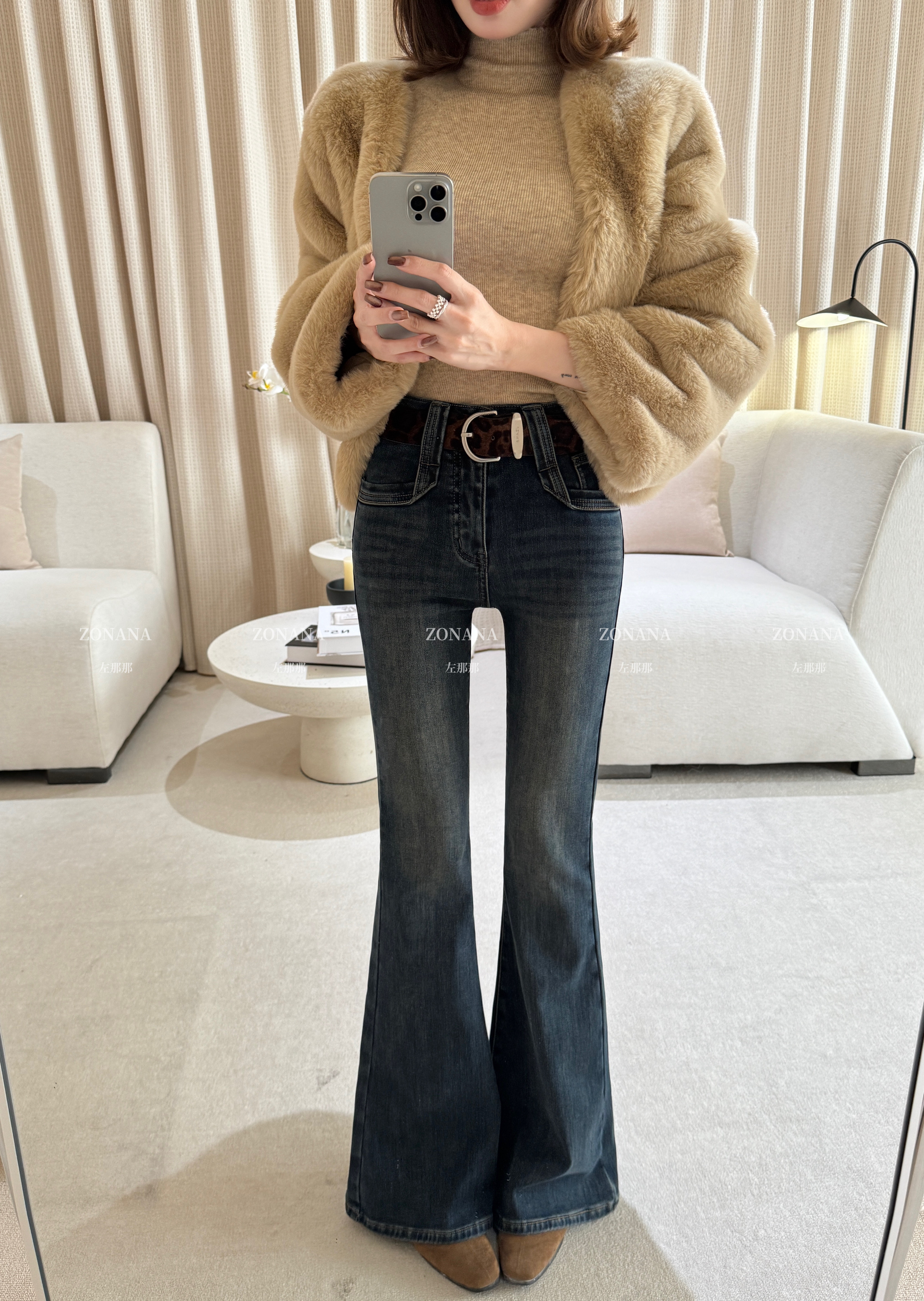 ZONANA左那那韩系辣妹高腰加绒微喇牛仔裤女冬季修身弹力拖地裤潮