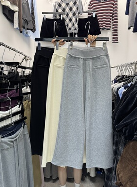 ACS韩版高腰加绒阔腿抽绳休闲裤女冬2025新款百搭显瘦直筒拖地裤