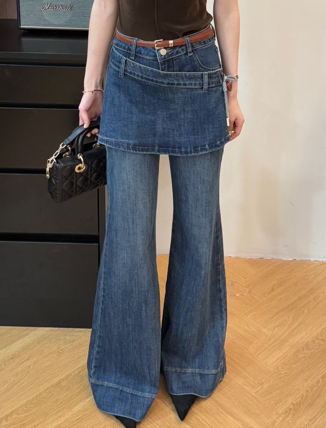 ZONANA左那那韩版宽松假两件微喇牛仔裤女2025秋季新款喇叭拖地裤