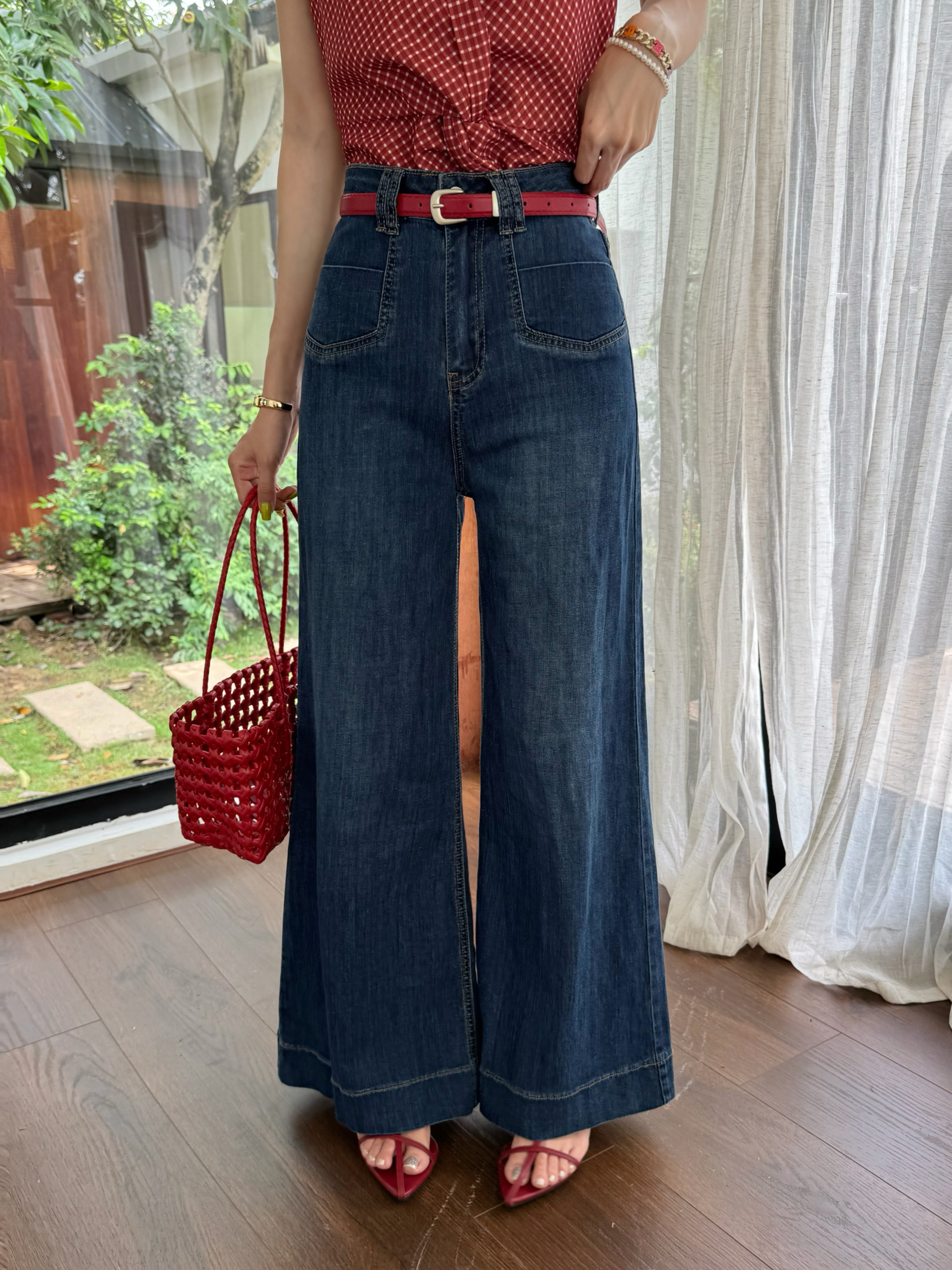 ZONANA左那那设计感洋气高腰阔腿微喇叭牛仔裤女夏季筒喇拖地裤潮