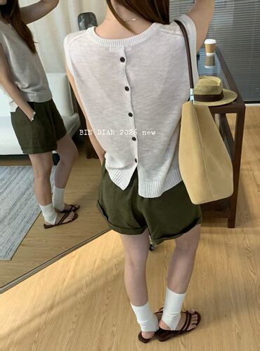 bin dian缤典韩系圆领后背纽扣无袖针织背心女夏季新款百搭打底衫