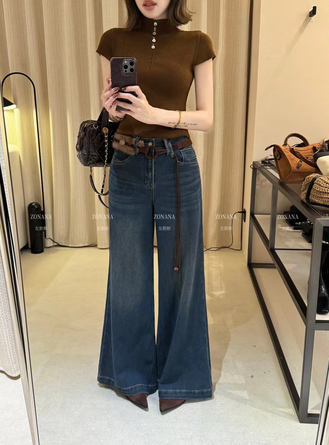 ZONANA左那那韩版简约高腰微喇阔腿牛仔裤女秋季2025新款拖地裤潮