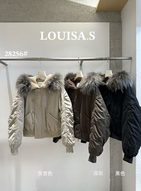 LOUISA.S洋气韩版拉链连帽貉子毛90白鸭绒羽绒服女冬季工装派克服