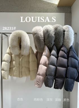 LOUISA.S狐狸毛领连帽90白鸭绒羽绒服女冬季2025新款百搭短款外套