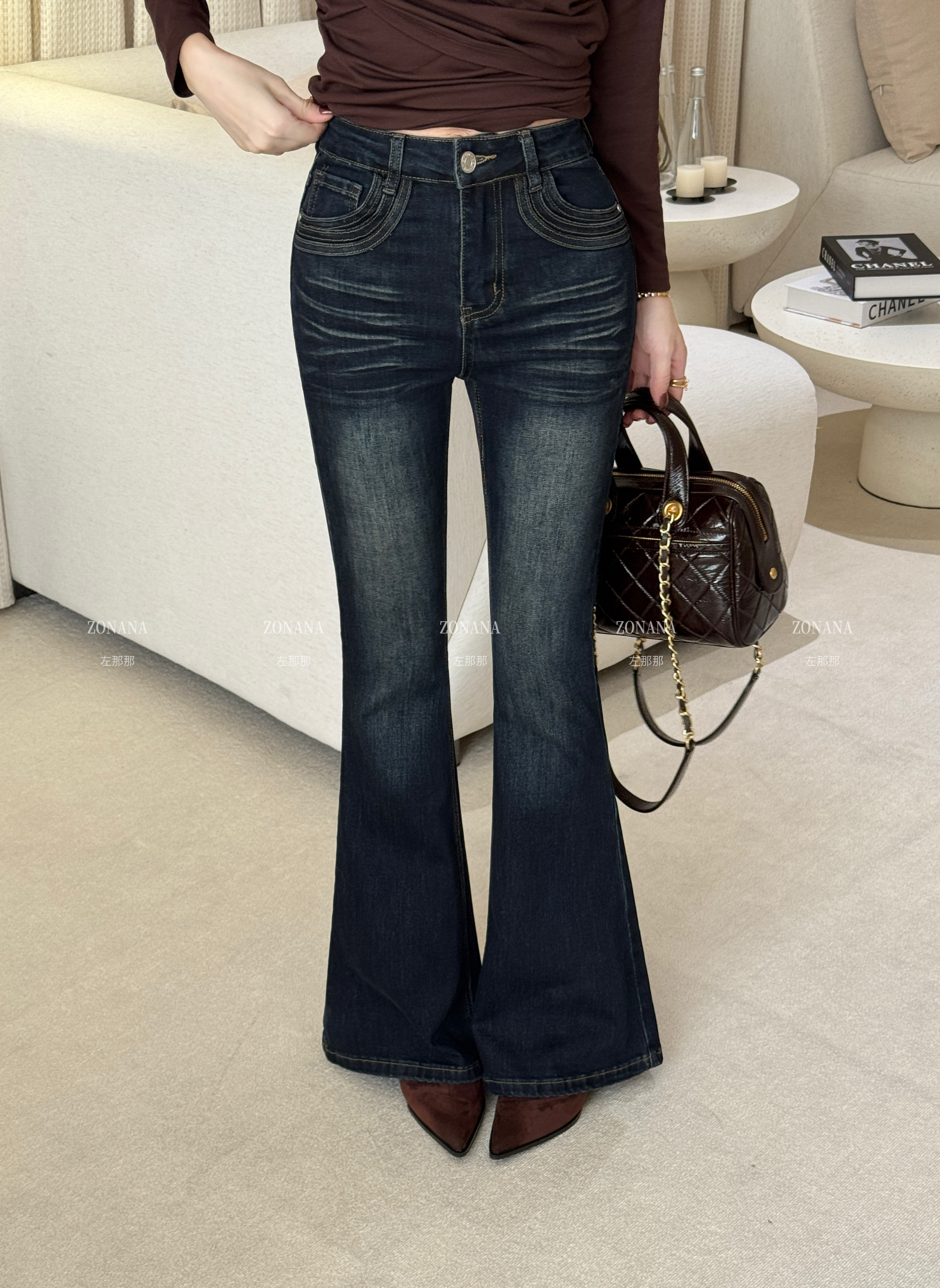 ZONANA左那那韩系辣妹高腰弹力微喇牛仔裤女秋季2025新款拖地裤潮