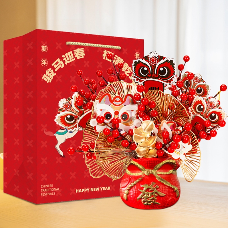 2026年宵花成品摆件春节装饰红果仿真花新年礼品发财果年宵花福桶