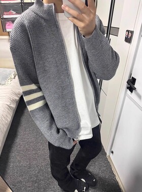 美式潮牌灰色立领三条杠开衫毛衣男女cleanfit休闲情侣针织衫外套