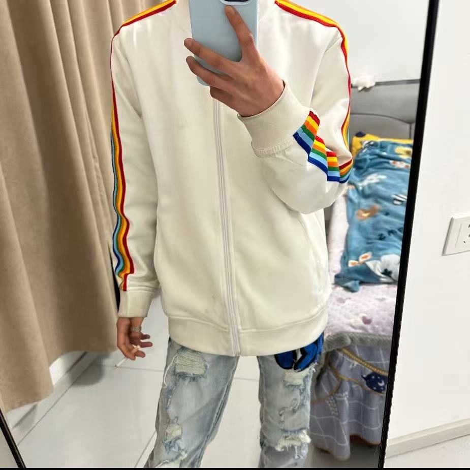 网红精神小伙潮牌外套男士彩虹侧边条纹上衣男女拼接立领运动夹克