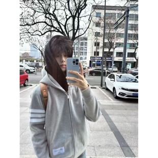 秋冬网红同款三条杠开衫连帽卫衣男女情侣款美式复古宽松帽衫外套
