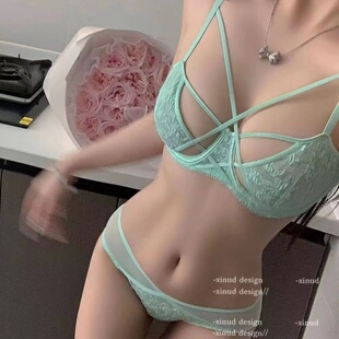 性感绑带诱惑超薄款透气无海绵文胸罩套装夏季大胸显小蕾丝内衣女