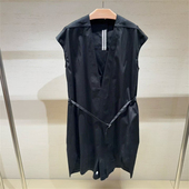 极简风黑色无袖 连衣裙女V领收腰系带修身 休闲裙