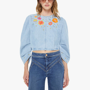 复古花朵刺绣牛仔衬衫女泡泡袖翻领系带显瘦休闲上衣