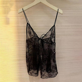 2026早春新款 小众纯色性感V领蕾丝透视无袖 吊带不规则系带上衣女