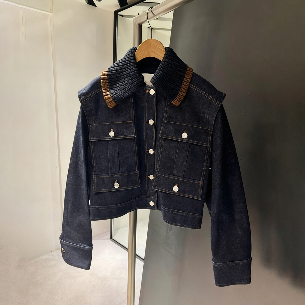 纯色罗纹翻领拼接长袖牛仔外套女