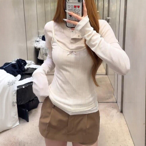 【现货】2026早秋新款名媛白色圆领假三件上衣叠穿设计长袖T恤女