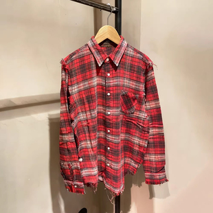 【现货】2026早春新款小众撞色翻领长袖格子衬衫做旧毛须边上衣女