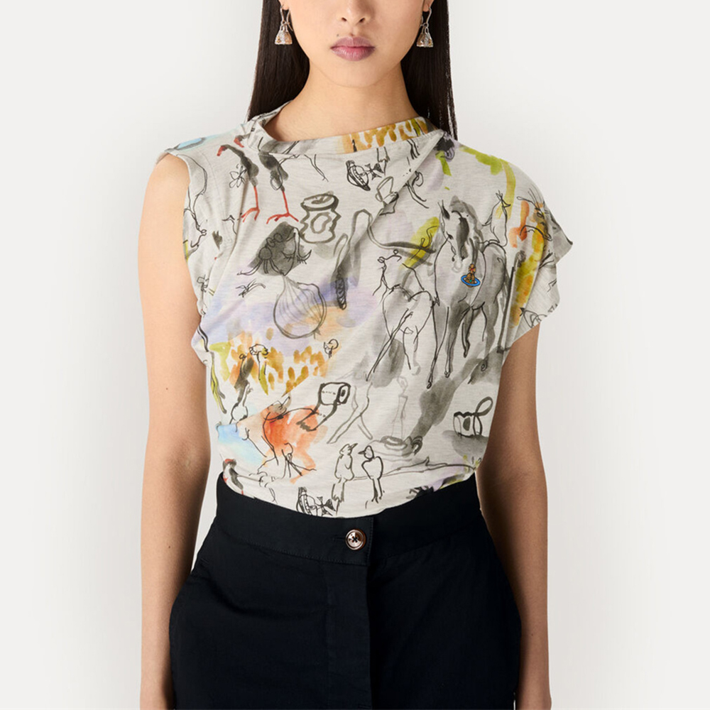 白色圆领艺术涂鸦无袖T恤女