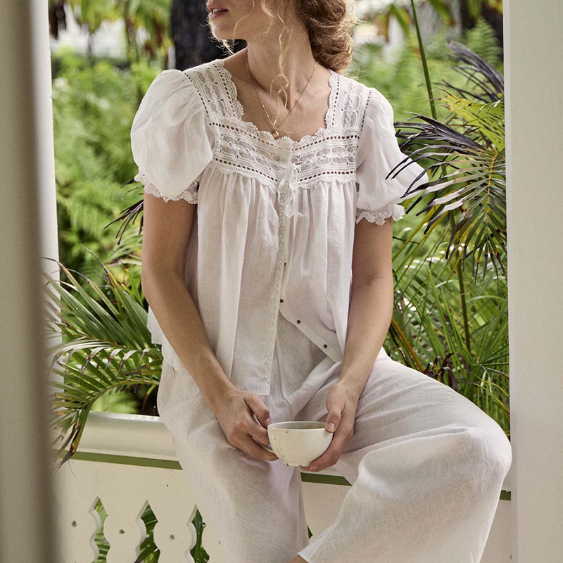 DOEN法式甜美单排扣短袖蕾丝刺绣