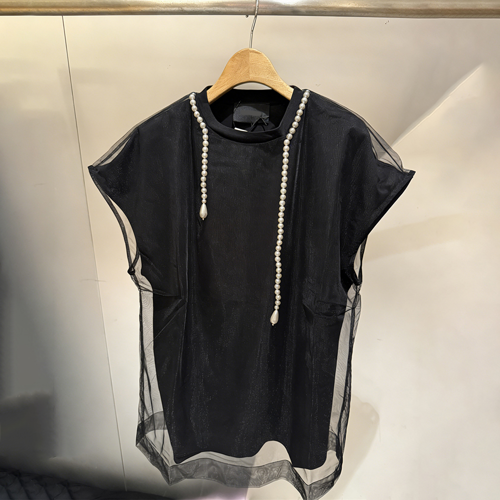 2026早春新款法式纯色圆领珍珠链条透视短袖T恤薄纱百搭休闲上衣