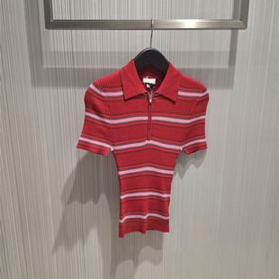 2026春夏新款小众学院风条纹针织polo衫女短袖修身翻领红色上衣
