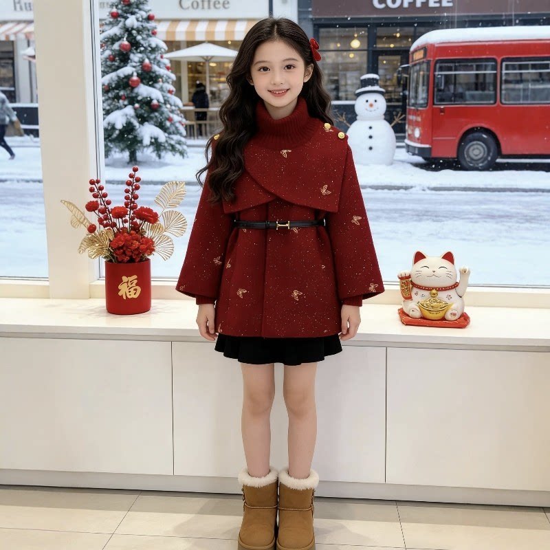 女童拜年服呢子外套冬季2026新款洋气加绒加厚新年红色中长款大衣