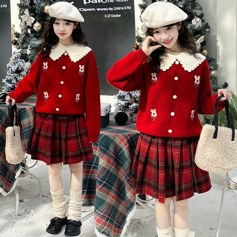 女童冬季红色毛衣套装2025新款