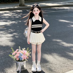 女童夏套装2026新款大童女孩夏季洋气炸街高级感学院风裙子两件套
