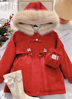 女童加绒加厚大毛领提花皮衣派克服外套2026新款冬季收腰保暖棉服