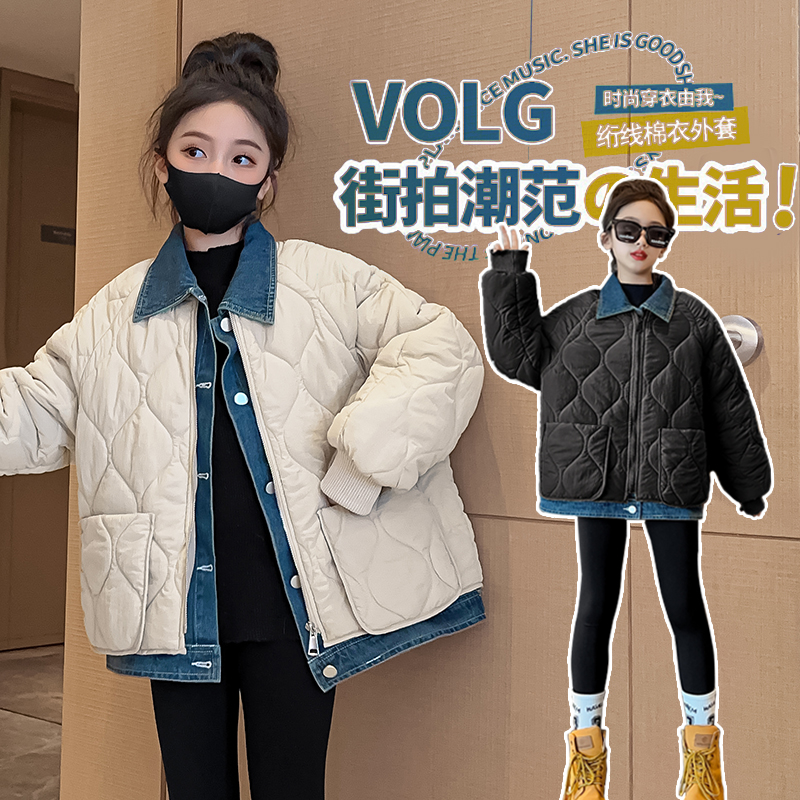 女童加绒加厚假两件牛仔外套2025秋冬新款儿童洋气保暖棉服夹克潮