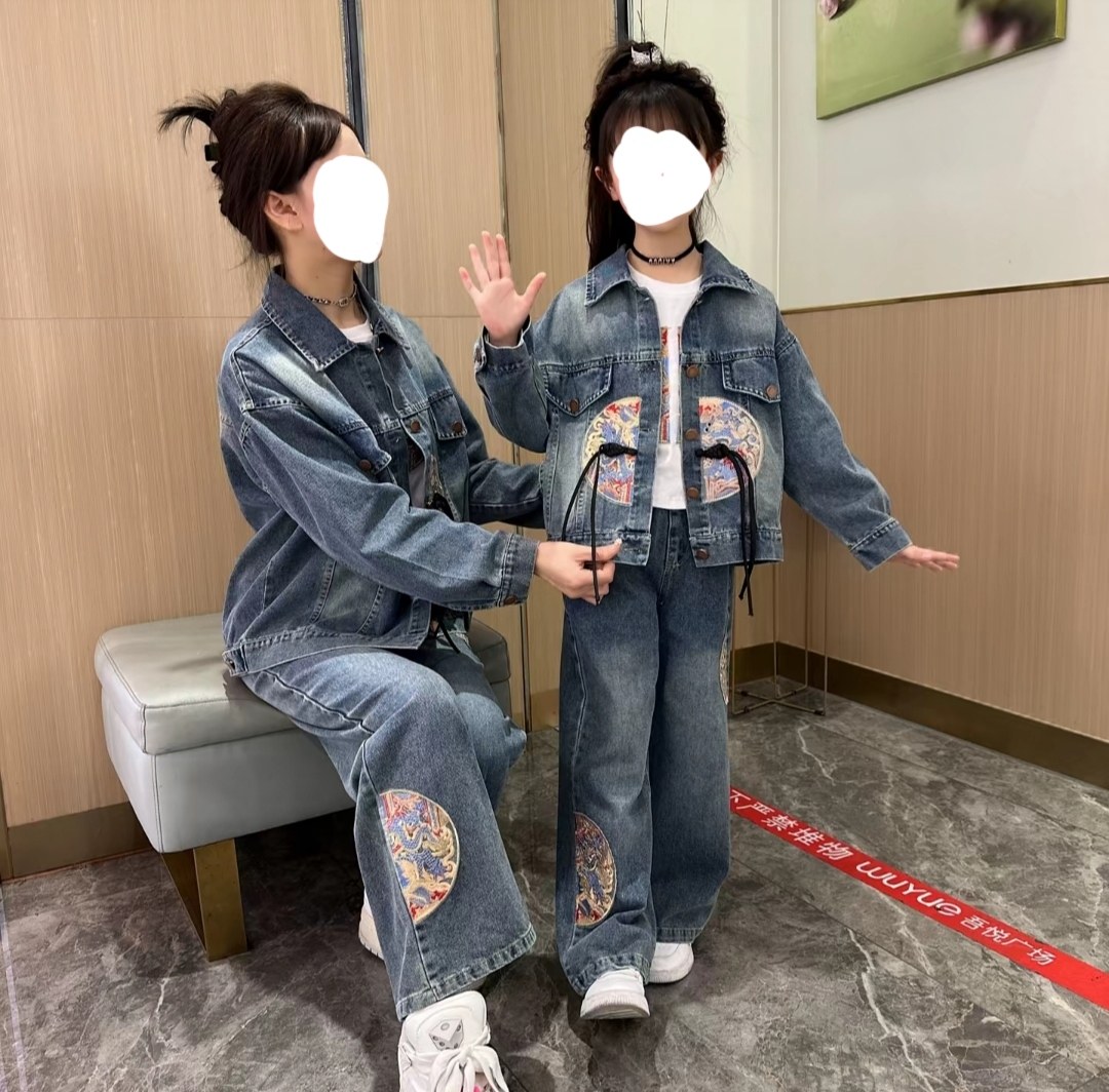 女童国风刺绣牛仔外套套装2026春季新款新中式夹克牛仔裤两件套潮
