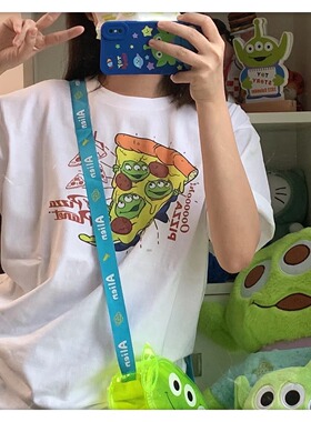 WHAT'S UP 自制重磅复古玩总三眼仔披萨卡通可爱纯棉男女短袖T恤