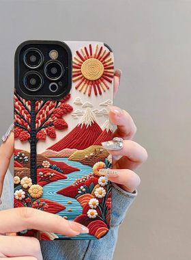 竖纹红色太阳花适用三星S23ultra全包galaxyS22精孔SAMSUNG A54个性A32 5g/A53皮纹软壳A13 5G硅胶S24Ultra