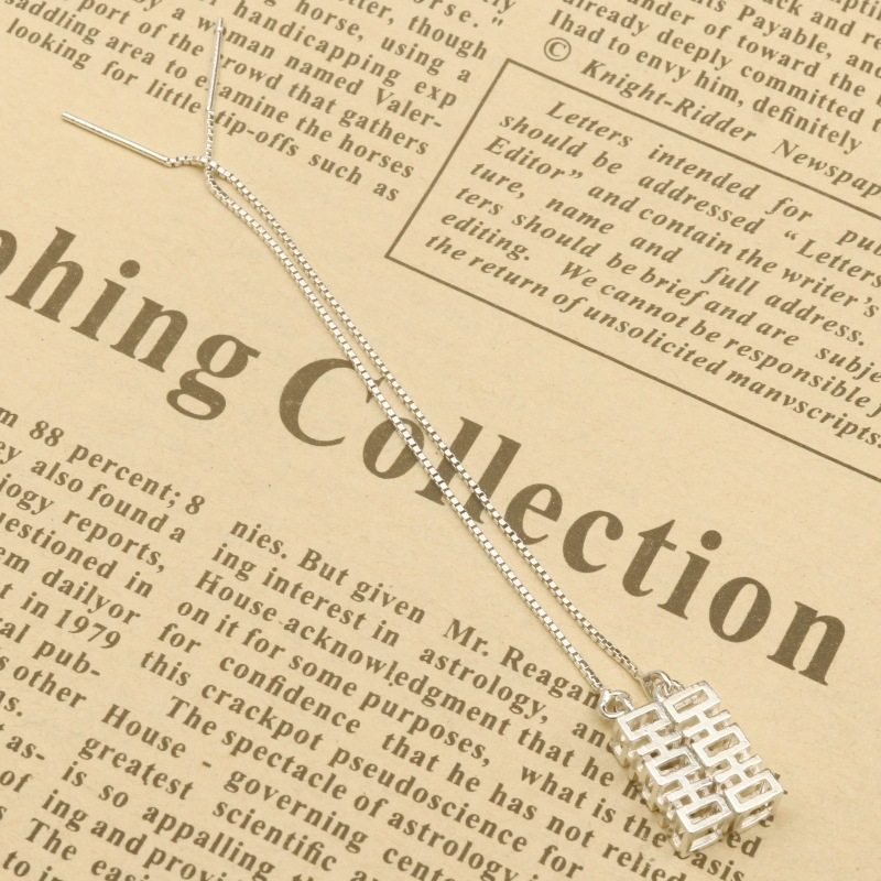 S925银一对镂空双喜长款流苏简约耳钉中国风个性喜字手工diy耳饰