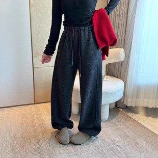 欧货高腰仿羊绒阔腿裤女2024冬季新款加绒加厚直筒小个束脚休闲裤