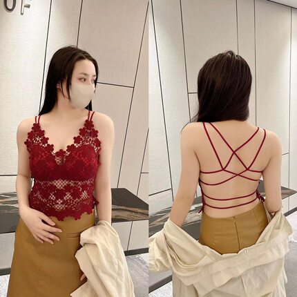 1827性感镂空蕾丝吊带美背舒适背心固定杯一体式胸垫聚拢透气抹胸