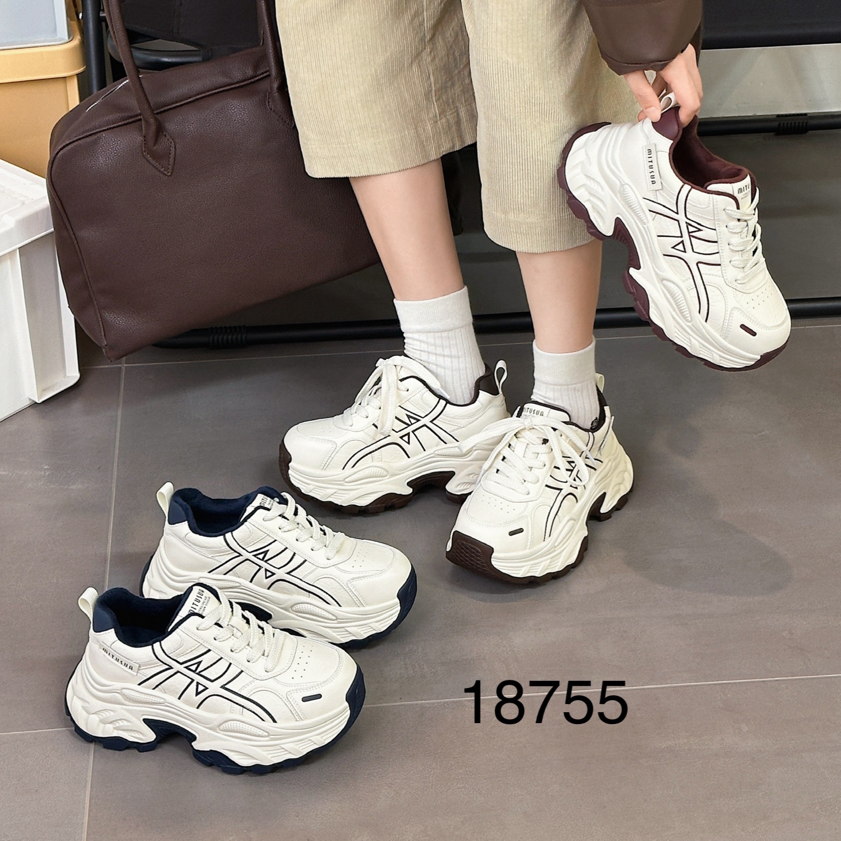 她菲娅2025冬新款欧货真皮老爹鞋女加绒厚底百搭运动休闲鞋18755