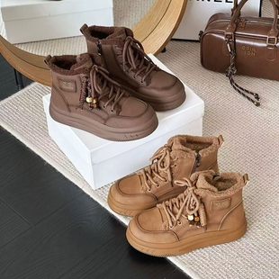 高鹏2025冬新款高帮女鞋厚底加绒保暖雪地靴防滑平底马丁靴女1193