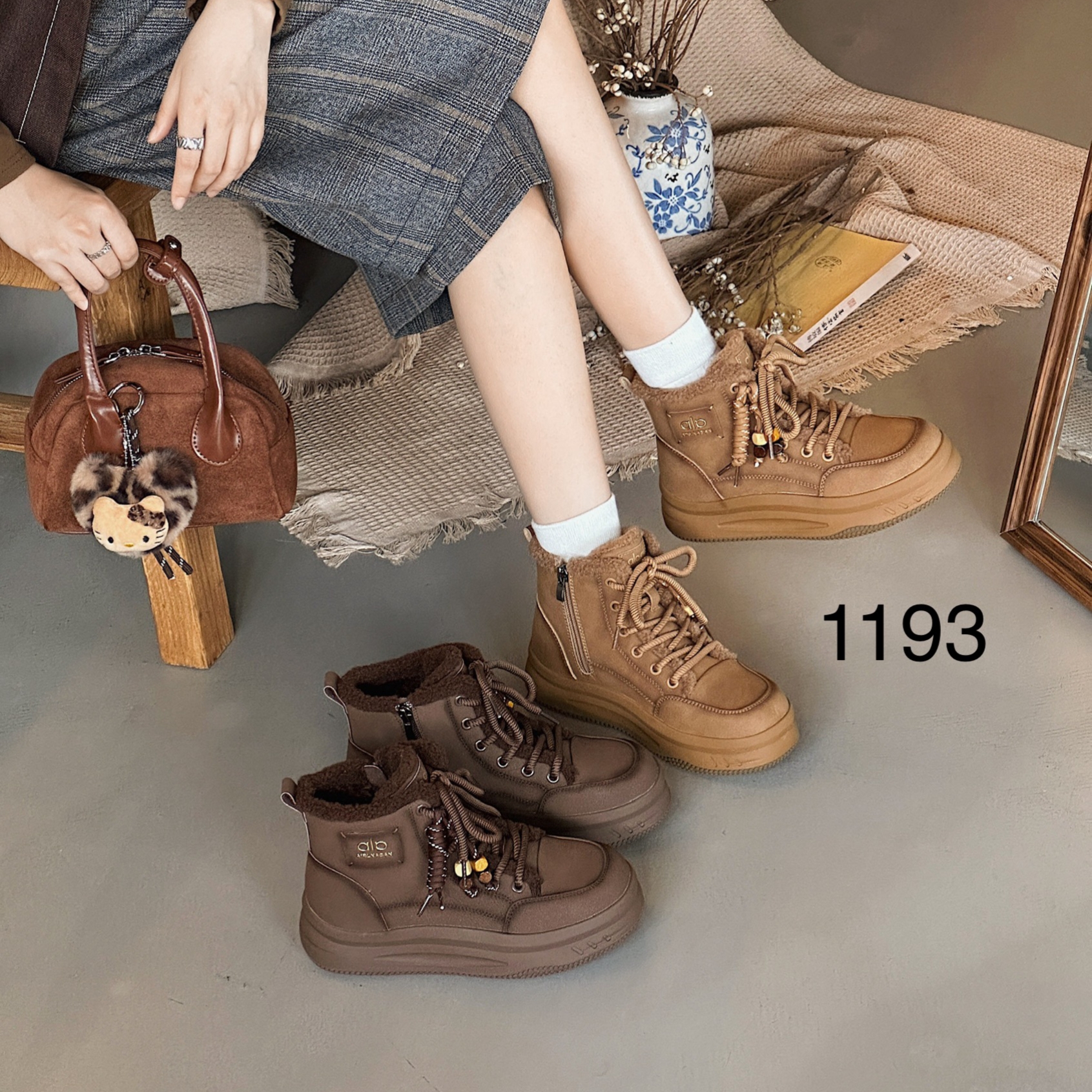 展风2025冬高帮加绒保暖棉鞋女美拉德真皮女鞋厚底加厚雪地靴1193