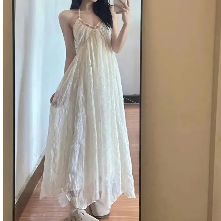 纯欲风挂脖雪纺连衣裙女夏季海边度假休闲甜美清新露背白色长裙