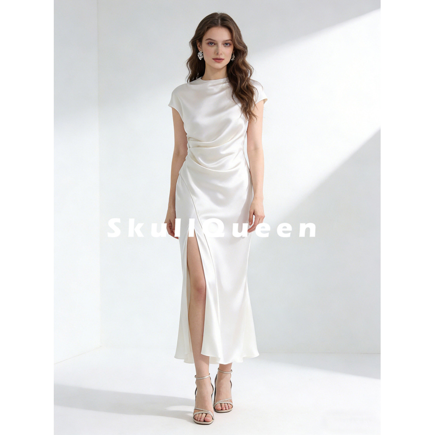 法式进口醋酸缎面短袖连衣裙斜裁半高领收腰开叉长裙女宴会晚礼服