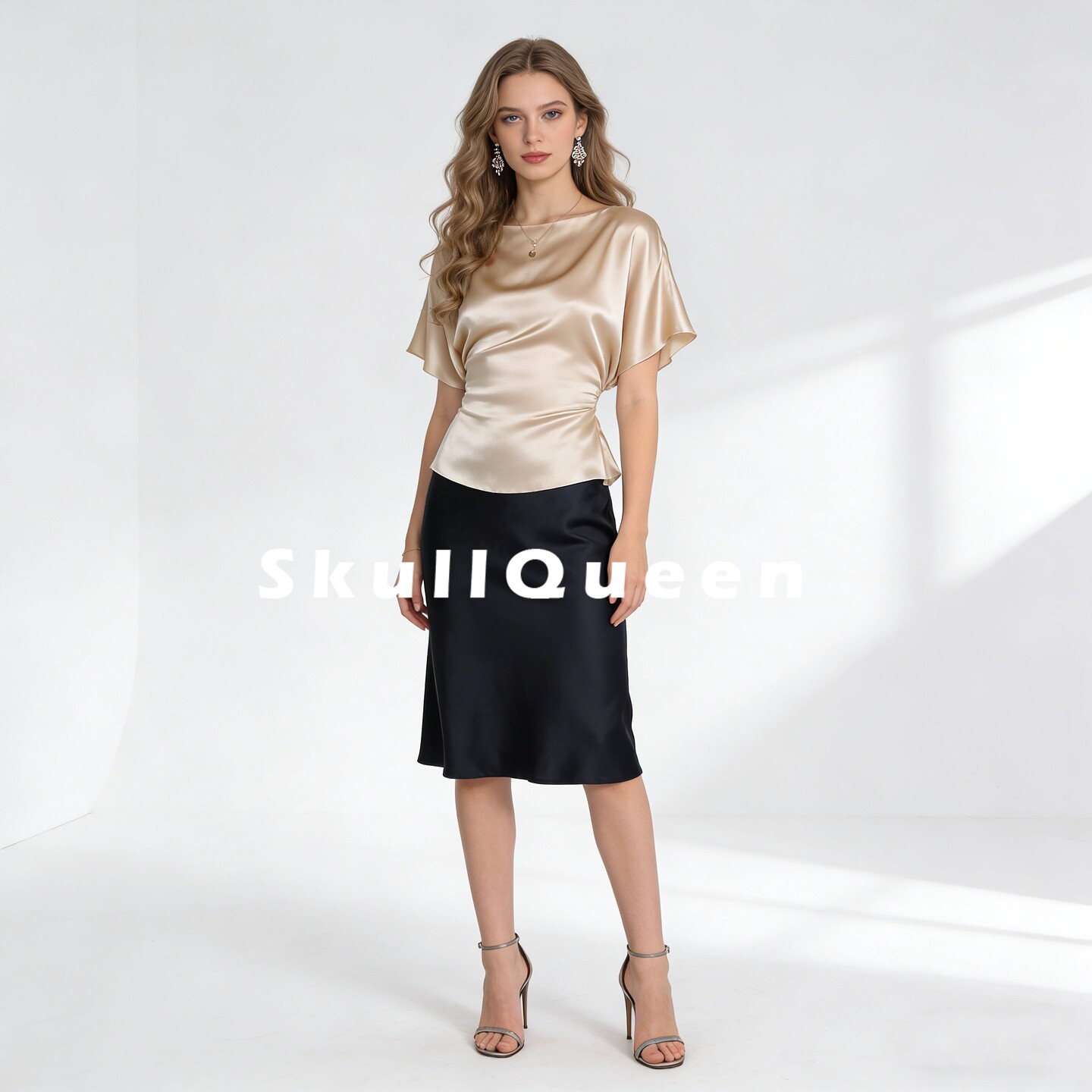 法式进口醋酸缎面光泽感香槟色短袖一字领衬衫自由绑带收腰上衣女