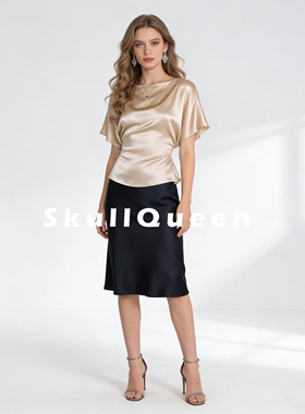 法式进口醋酸缎面光泽感香槟色短袖一字领衬衫自由绑带收腰上衣女