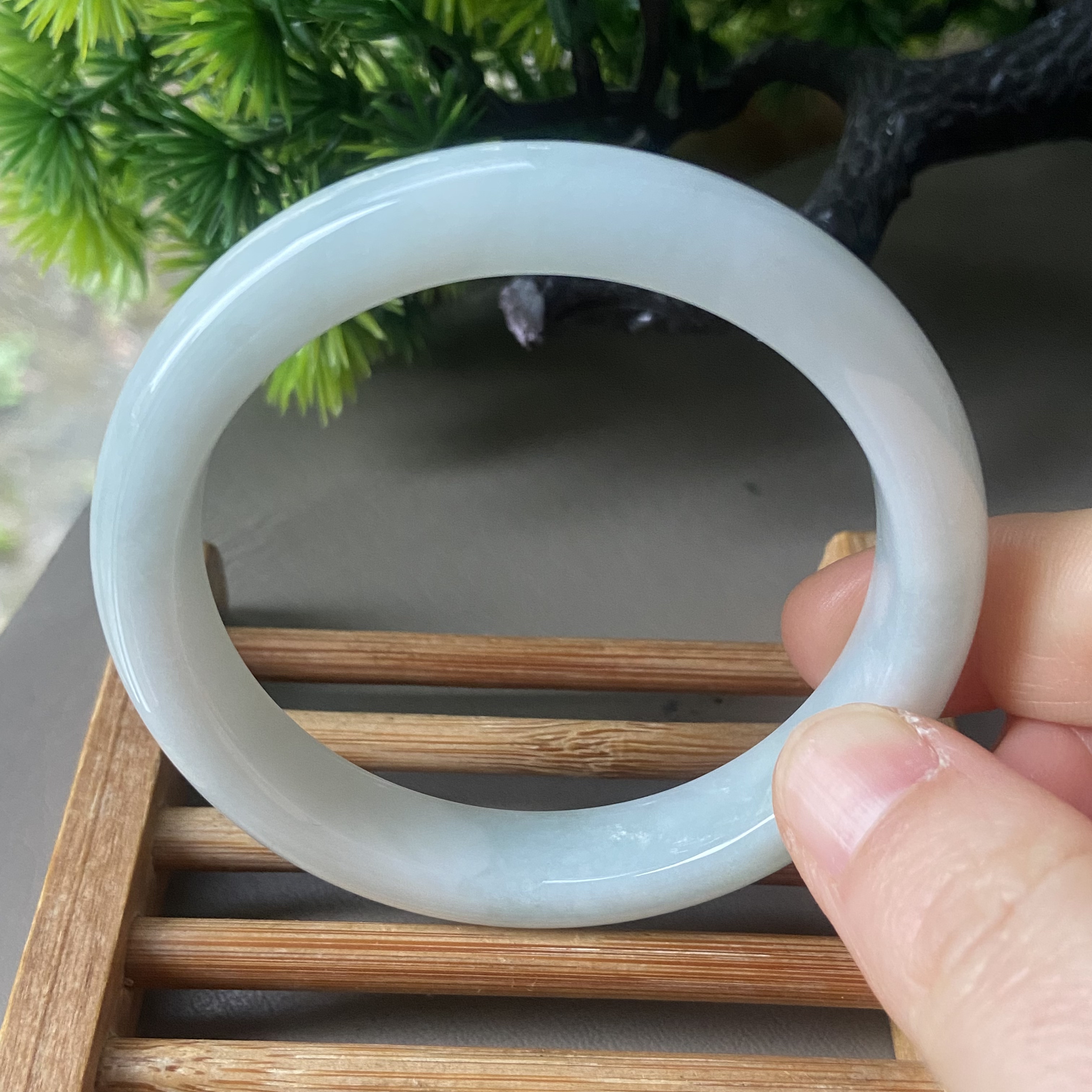 天然缅甸翡翠手镯54冰糯种白月光飘绿老坑a货玉镯子55带证书0214