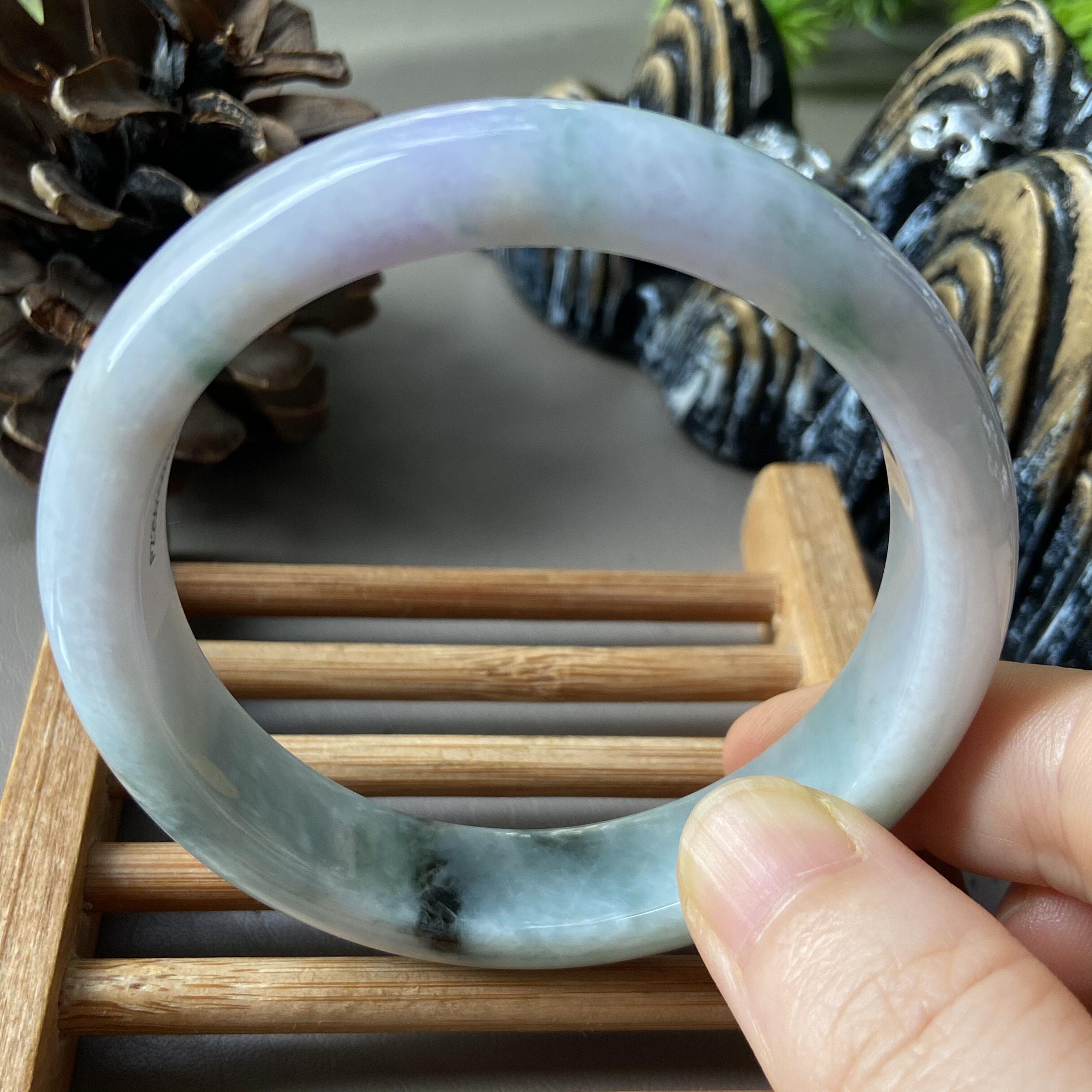 天然缅甸翡翠手镯56冰糯种三彩带紫带绿玉镯子57老坑a货0633证书