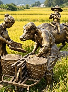 玻璃钢仿铜人物农耕文化雕塑收稻谷民俗户外园林景观主题定制摆件