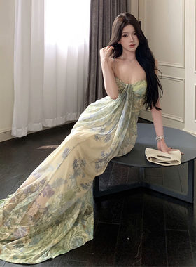 海南三亚海边度假纯欲长裙法式绿色印花扎染抹胸吊带洋装女拖地